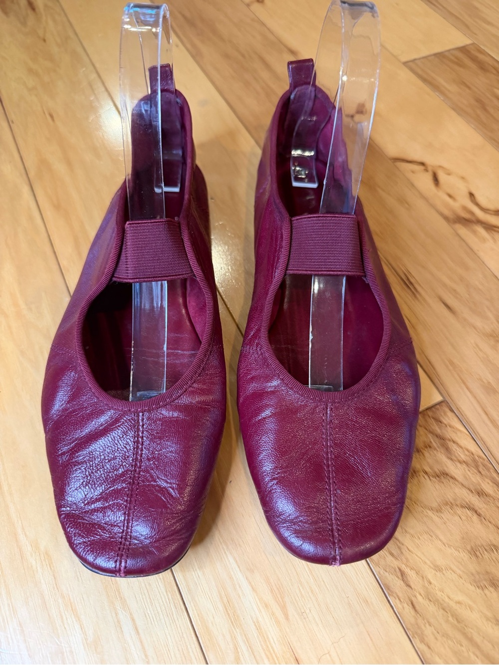 Zara Wine Red Leather Ballet Flats with Elastic Crossover Strap - Picture 4 of 11